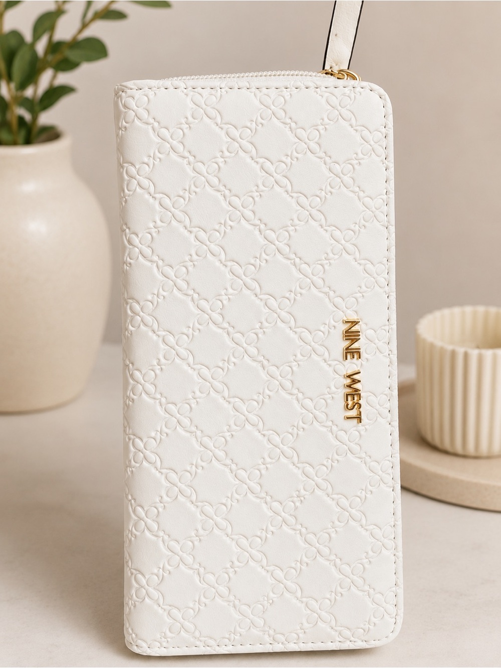 Nine West White Quilted Zip-Around Wristlet with Gold Logo